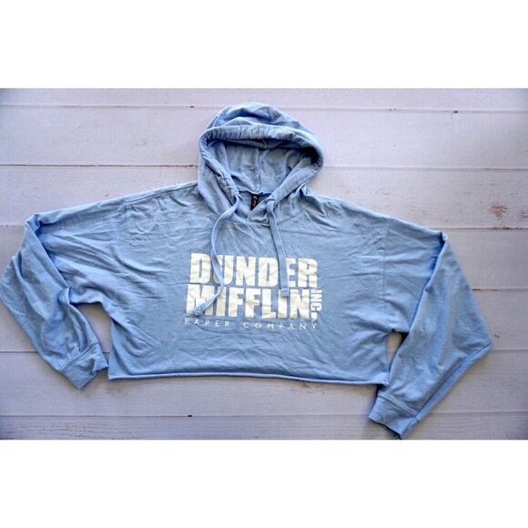 Miami Style Tops - Dunder Mifflin 'The Office' Graphic Cropped Hoodie, Light Blue - Size XL
